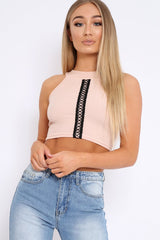 Nude Embroidered Lace Up Crop Top - Loree-Tops