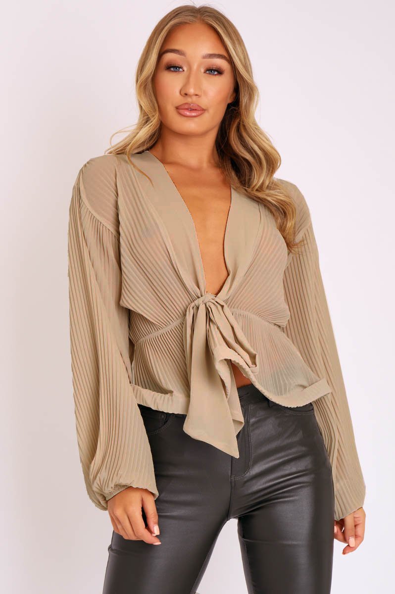 Nude Extreme Plunge Structured Peplum Pleated Top - Ivy-Tops