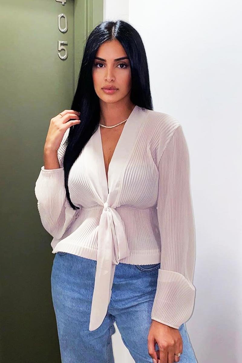 Nude Extreme Plunge Structured Peplum Pleated Top - Ivy-Tops