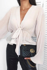 Nude Extreme Plunge Structured Peplum Pleated Top - Ivy-Tops
