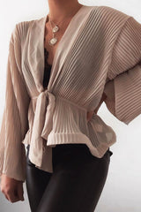 Nude Extreme Plunge Structured Peplum Pleated Top - Ivy-Tops