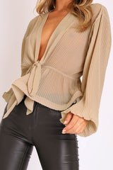 Nude Extreme Plunge Structured Peplum Pleated Top - Ivy-Tops