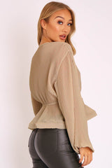 Nude Extreme Plunge Structured Peplum Pleated Top - Ivy-Tops