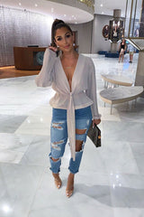 Nude Extreme Plunge Structured Peplum Pleated Top - Ivy-Tops