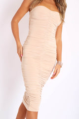 Nude Extreme Ruched Slinky Midi Bodycon Dress - Kaja-Dresses