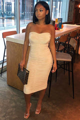 Nude Extreme Ruched Slinky Midi Bodycon Dress - Kaja-Dresses