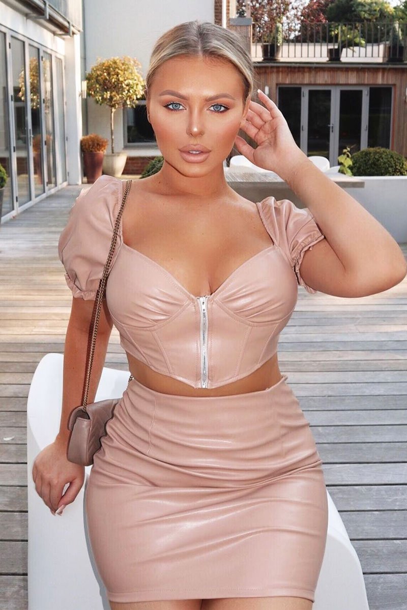 Nude Faux Leather Milkmaid Crop Skirt Co-ord - Primrose-Co-ords