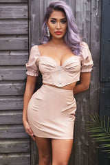 Nude Faux Leather Milkmaid Crop Skirt Co-ord - Primrose-Co-ords