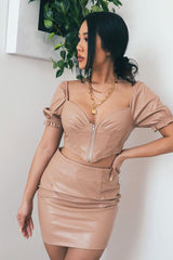 Nude Faux Leather Milkmaid Crop Skirt Co-ord - Primrose-Co-ords