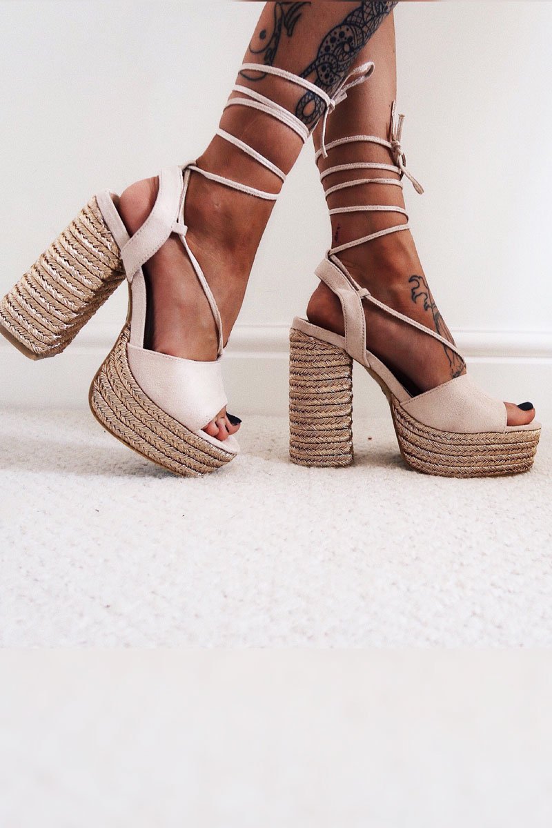 Nude Faux Suede Lace Up Rope Detail Platform Heel - Dalyn-Heels