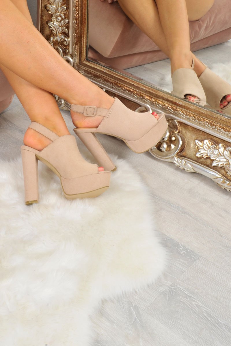 Nude Faux Suede Peep Toe Platform Heels - Abbi-Heels