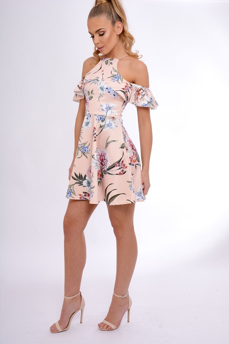 Nude Floral Cold Shoulder Skater Dress - Zoey-Dresses