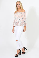 Nude Floral Cold Shoulder Top - Edina-Tops