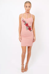 Nude Floral Embroidered Choker Dress - Fawn-Dresses