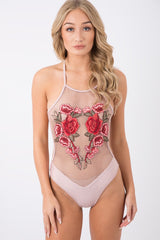 Nude Floral Mesh Swimsuit - Ashlyn-Bodysuits