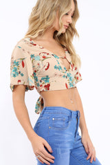 Nude Floral Plunge Tie Back Crop Top - Shelly-Crop Tops