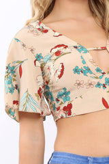 Nude Floral Plunge Tie Back Crop Top - Shelly-Crop Tops
