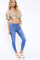 Nude Floral Plunge Tie Back Crop Top - Shelly-Crop Tops