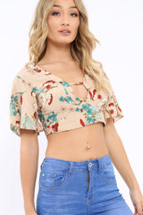Nude Floral Plunge Tie Back Crop Top - Shelly-Crop Tops
