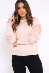 Nude Fur Sleeve Knitted Jumper - Courtnie-Jumper
