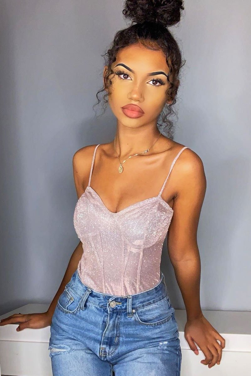 Nude Glitter Cup Detail Bodysuit - Emmary-Bodysuits