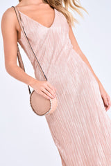 Nude Glitter Plunge Plisse Midi Slip Dress - Siara-Dresses