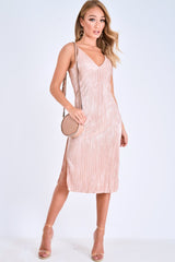 Nude Glitter Plunge Plisse Midi Slip Dress - Siara-Dresses