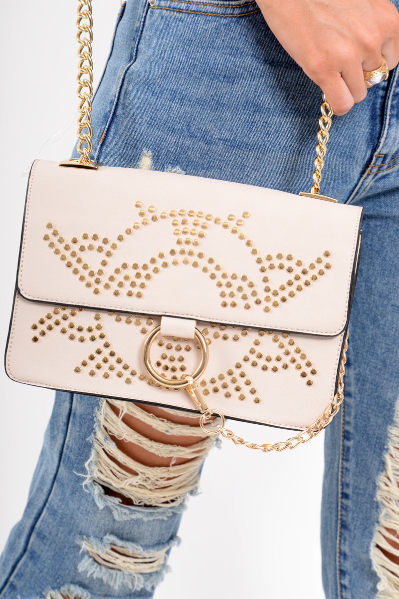Nude Gold Embellished Chain Cross Body Bag - Embree-Bags
