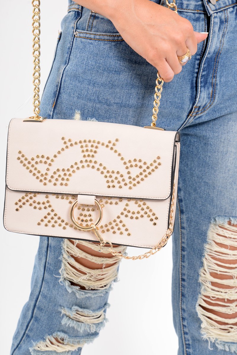 Nude Gold Embellished Chain Cross Body Bag - Embree-Bags