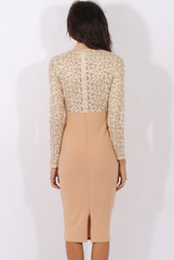 Nude & Gold Mesh Top Embroidered Midi Dress - Louiza-Tops