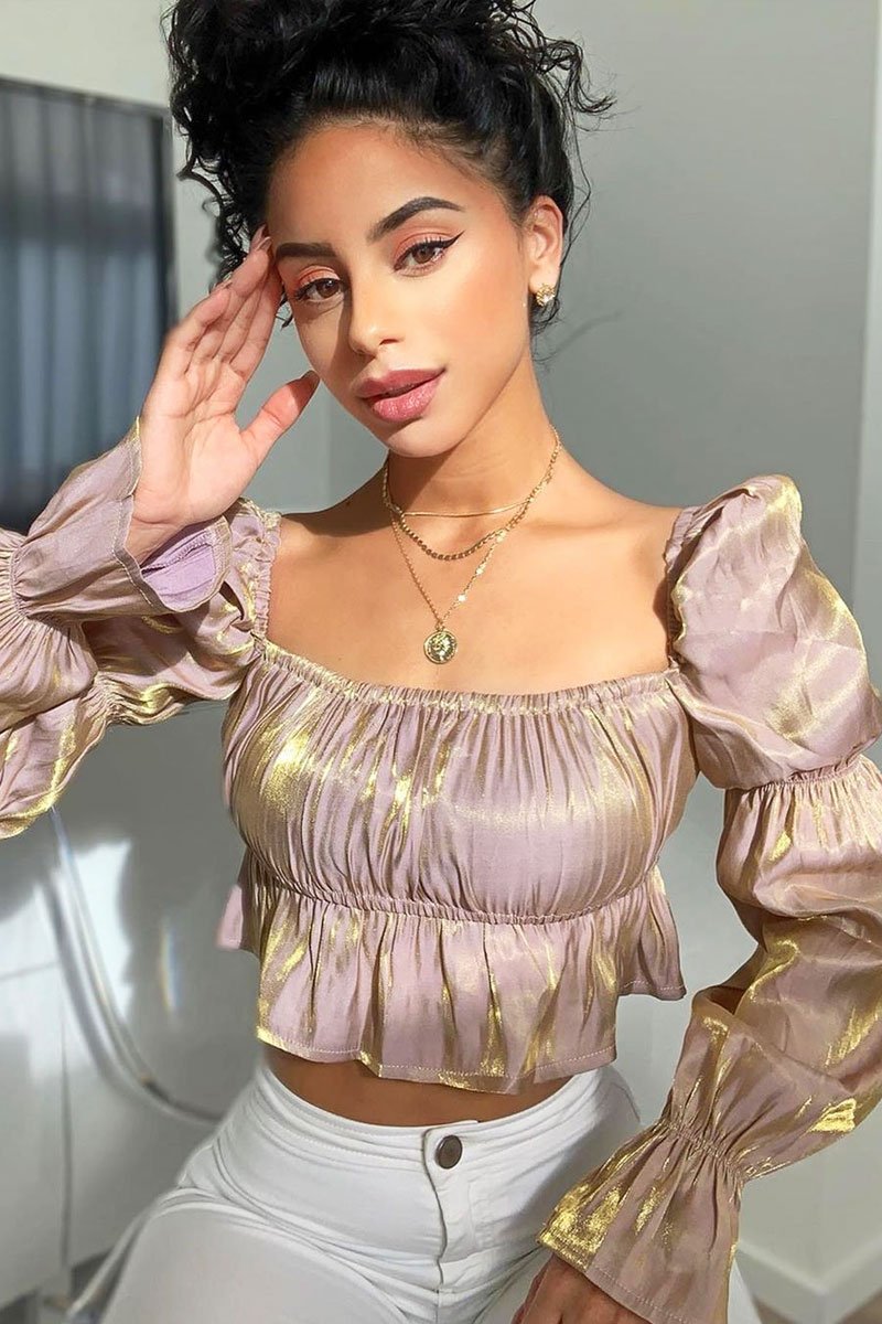 Nude Gold Metallic Square Neck Crop Top - Gabryelle-Crop Tops