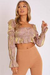 Nude Gold Metallic Square Neck Crop Top - Gabryelle-Crop Tops