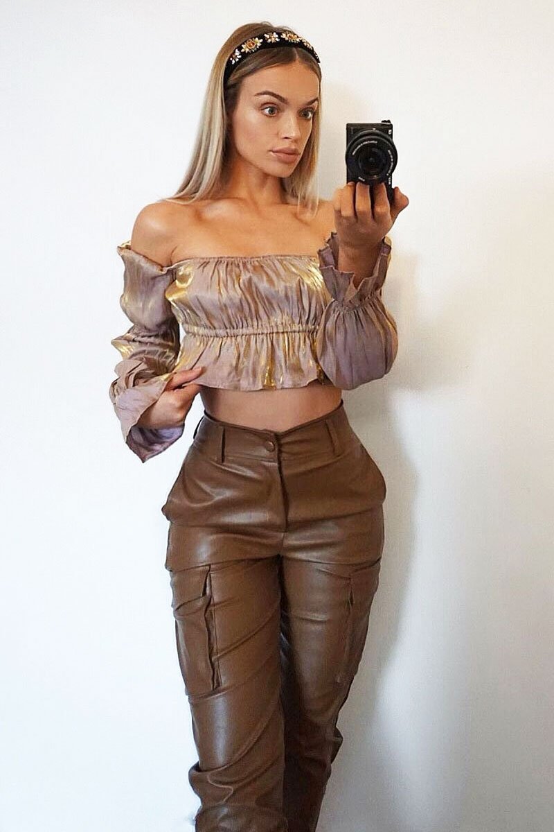 Nude Gold Metallic Square Neck Crop Top - Gabryelle-Crop Tops