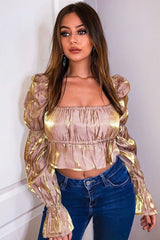 Nude Gold Metallic Square Neck Crop Top - Gabryelle-Crop Tops
