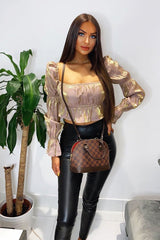 Nude Gold Metallic Square Neck Crop Top - Gabryelle-Crop Tops