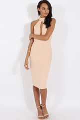 Nude High Neck Backless Midi Dress - Petunia-Dresses