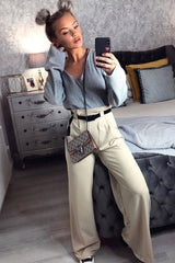 Nude High Waist Paper Bag Buckle Belt Trousers - Ivyonna-Trousers