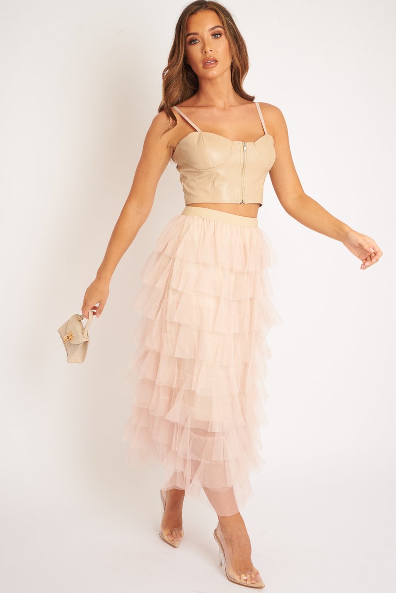 Nude High Waisted Tulle Ruffle Midi Skirt - Aaliyana-Skirts