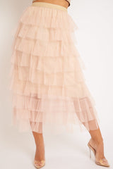Nude High Waisted Tulle Ruffle Midi Skirt - Aaliyana-Skirts