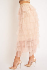 Nude High Waisted Tulle Ruffle Midi Skirt - Aaliyana-Skirts