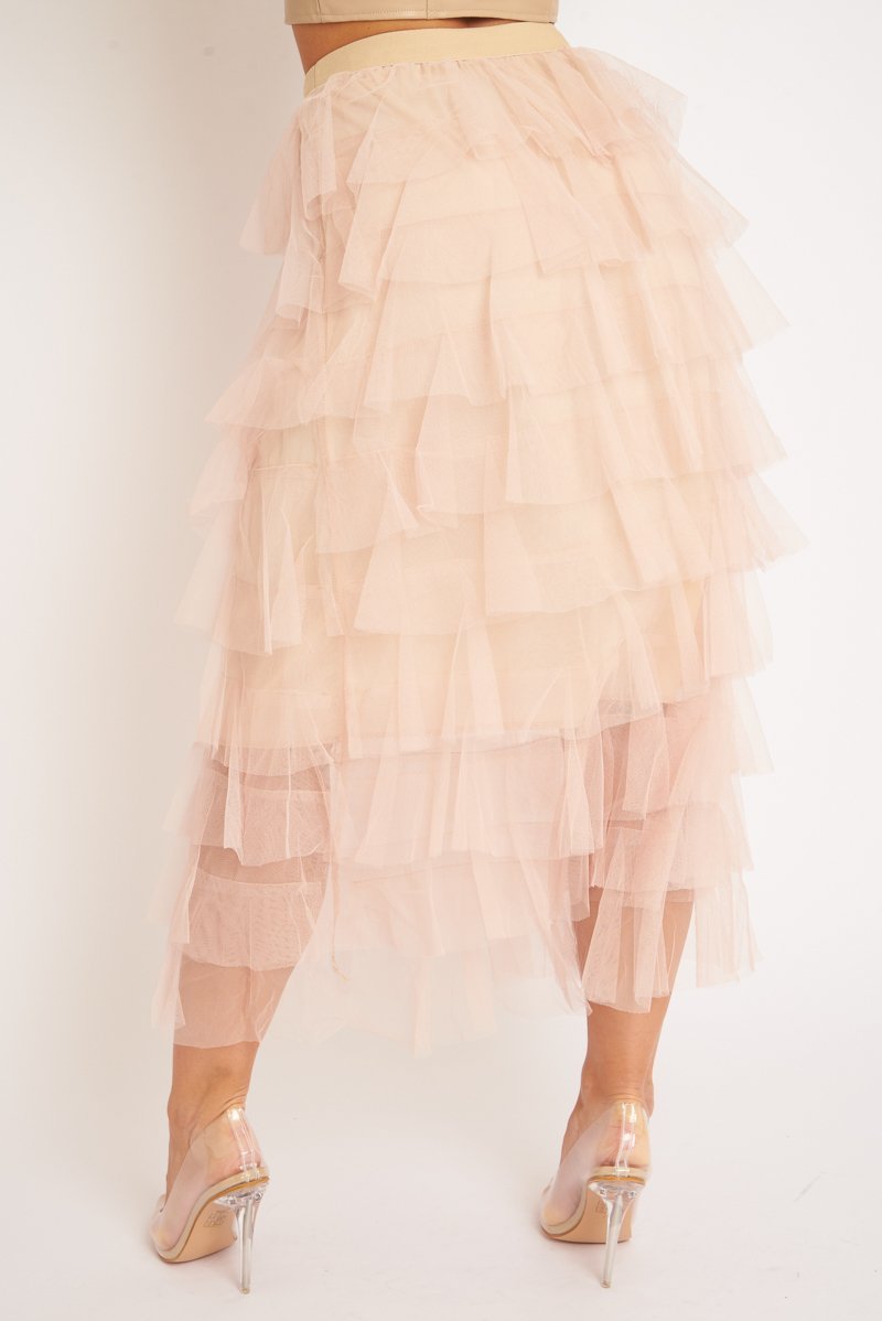 Nude High Waisted Tulle Ruffle Midi Skirt - Aaliyana-Skirts