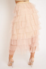 Nude High Waisted Tulle Ruffle Midi Skirt - Aaliyana-Skirts