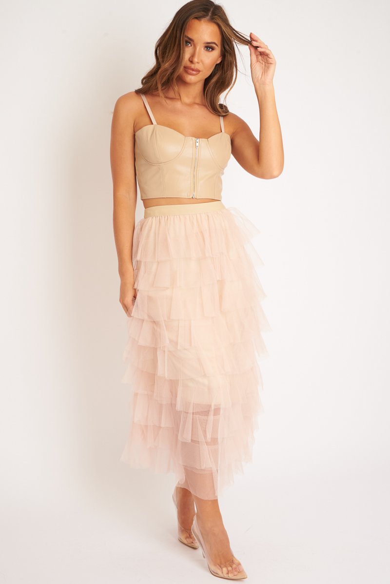Nude High Waisted Tulle Ruffle Midi Skirt - Aaliyana-Skirts