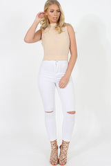 Nude Highneck Open Back Crop Top - Christina-Crop Tops