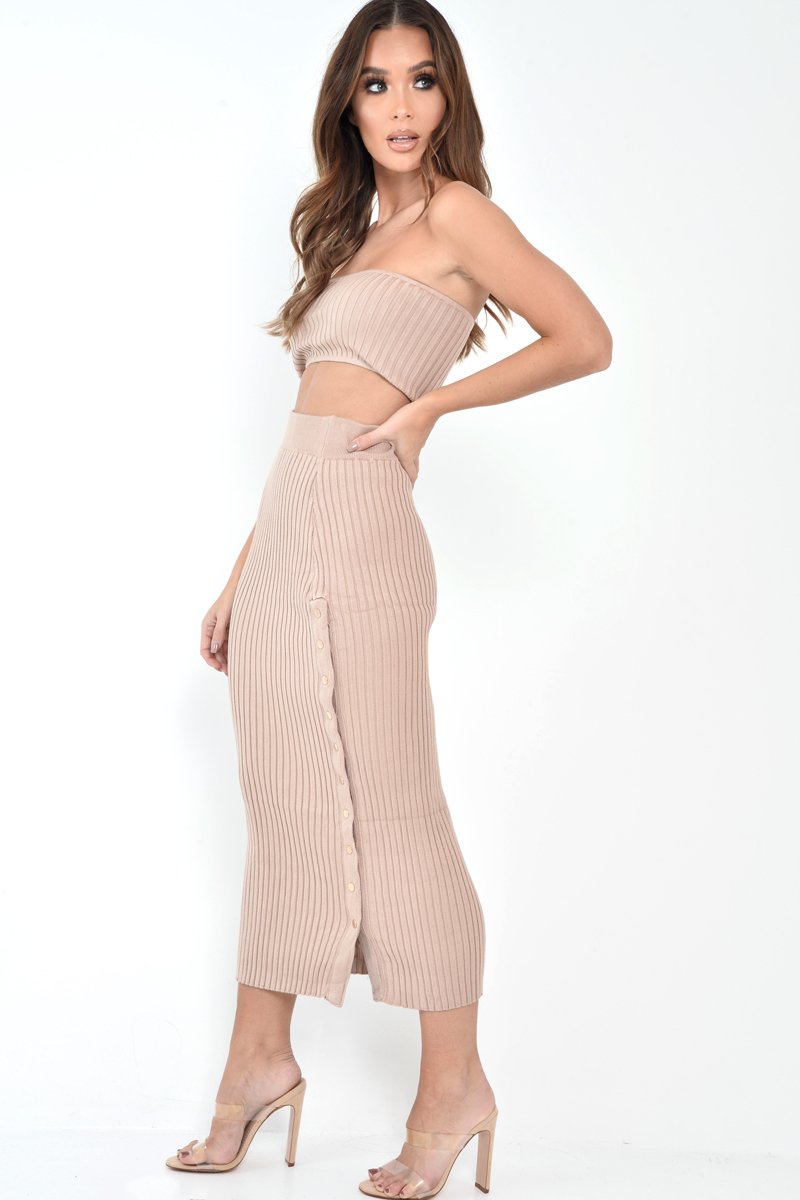Nude Knitted Bandeau And Skirt Co-Ord - Sidra-Co-ords