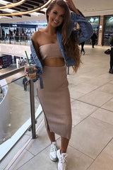 Nude Knitted Bandeau And Skirt Co-Ord - Sidra-Co-ords