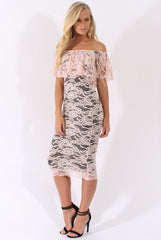 Nude Lace Bardot Frill Midi Dress - Keysha-Dresses