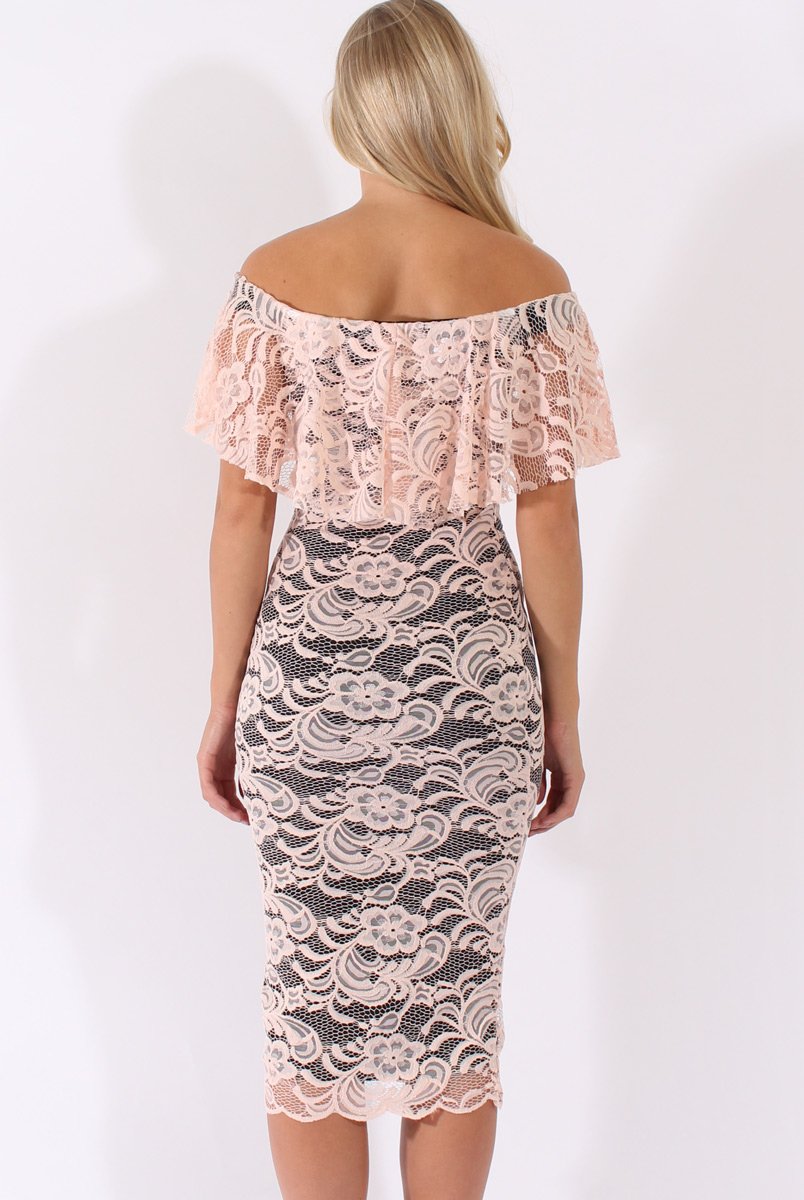 Nude Lace Bardot Frill Midi Dress - Keysha-Dresses