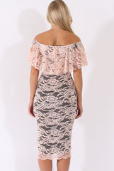 Nude Lace Bardot Frill Midi Dress - Keysha-Dresses
