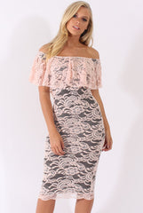 Nude Lace Bardot Frill Midi Dress - Keysha-Dresses